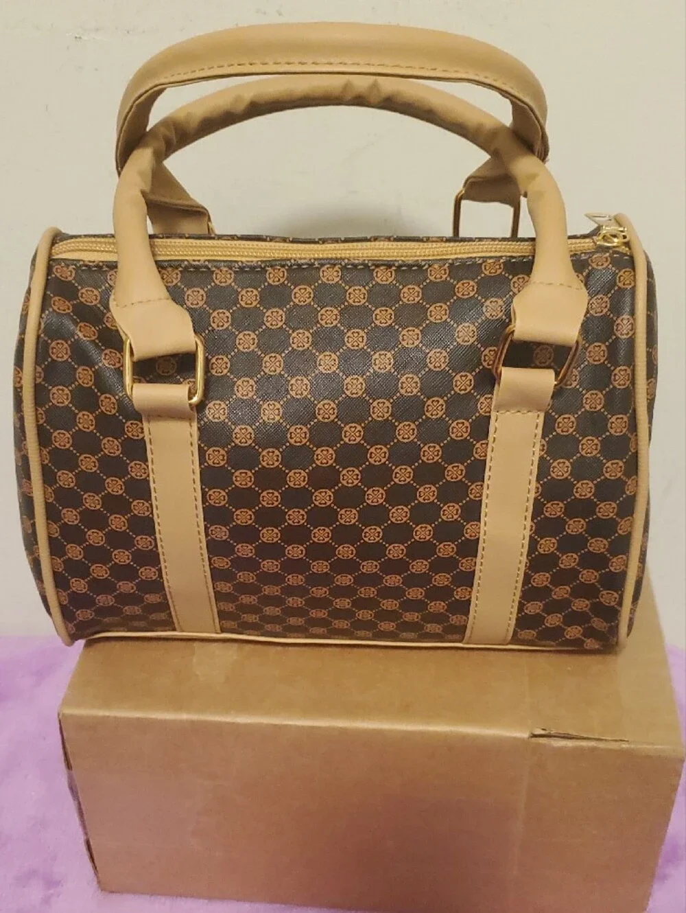Brown Patterned Satchel with Tan Trim